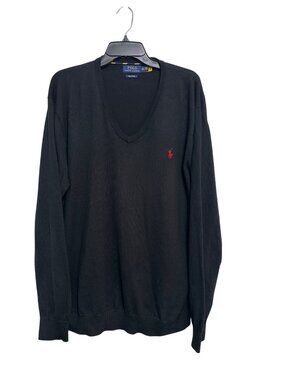Polo Ralph Lauren Black V-Neck Pima Cotton Sweater XXL Red Logo Mens Classic Kni